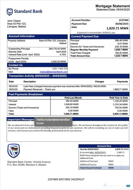 Download Malawi Standard Bank Malawi mortgage statement Word and PDF template Photoshop template